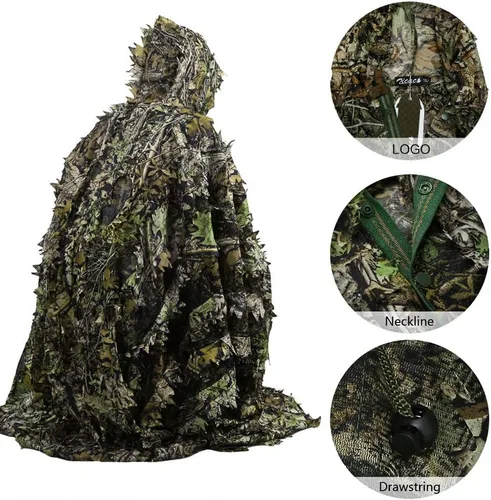 Miniatura 4 de Zicac Traje de Ghillie al aire libre 3d Leafy Camo Poncho para hombres caza pájaro reloj militar CS Woodland capucha camuflaje capa