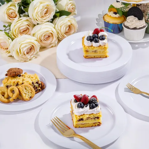 Miniatura 5 de WELLIFE 100 platos de postre de plástico blanco y 100 tenedores desechables dorados, plato duro de postre de alta calidad de 7.5 pulgadas, platos