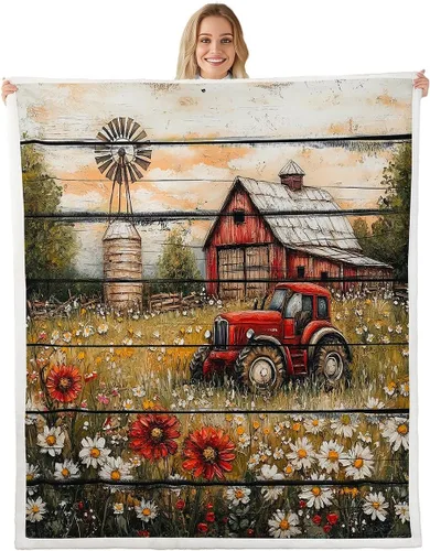 Miniatura 18 de Rustic Farmhouse Style Sherpa Blanket Retro Barn Truck Flannel Fleece Throw Blanket 40"x50" for Sofa Couch Country Daisy Flowers Ultra Soft Bed Blue