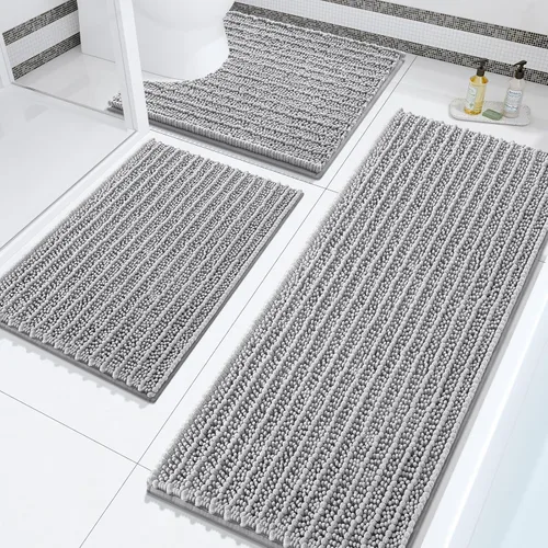 Miniatura 15 de Arotive Juego de 3 alfombras de baño de chenilla, extra suaves, absorbentes, peludas y de contorno en forma de U, antideslizantes, lavables a