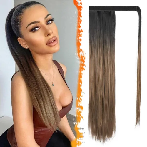 Miniatura 51 de BARSDAR Extensión de cola de caballo de 28 pulgadas largo recto envoltura alrededor del clip en pelo de fibra sintética para mujeres, negro