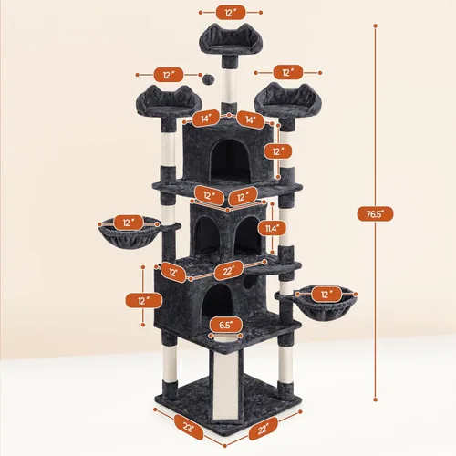 Miniatura 6 de Yaheetech Árbol grande para gatos de 76.5 pulgadas, torre grande para gatos con 3 condominios, perchas de felpa acogedoras, 9 postes rascadores