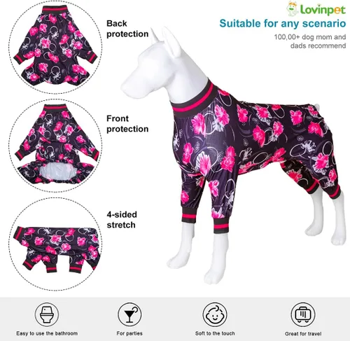 Miniatura 3 de LovinPet Pijamas 3XL para Perros - Camiseta Interior para Sudaderas de Perro, Camisa de Recuperación Quirúrgica para Perros, Estampado Floral Negro