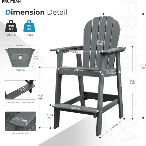 Miniatura 2 de FRUITEAM Juego de 2 sillas altas Adirondack con bandeja de conexión, sillas de terraza resistentes a la intemperie para exteriores, juego de balcón