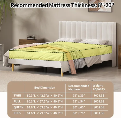 Miniatura 9 de Base de cama Queen con cabecero, base de cama de plataforma con respaldo de terciopelo vertical copetudo, soporte de listones de madera, no necesita