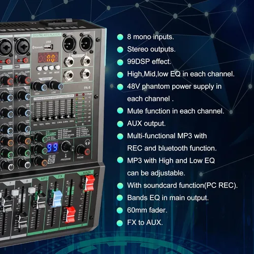 Miniatura 2 de Mezclador de DJ de 8 canales, mesa de DJ para sistemas de escenario PA con 99 tipos de efectos digitales DPS, efecto eco+retardo, entrada