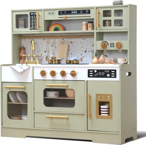 Juego de cocina de madera para niños – Cocina de simulación realista con estufa, fregadero, cafetera, máquina de hielo y 15 accesorios divertidos |