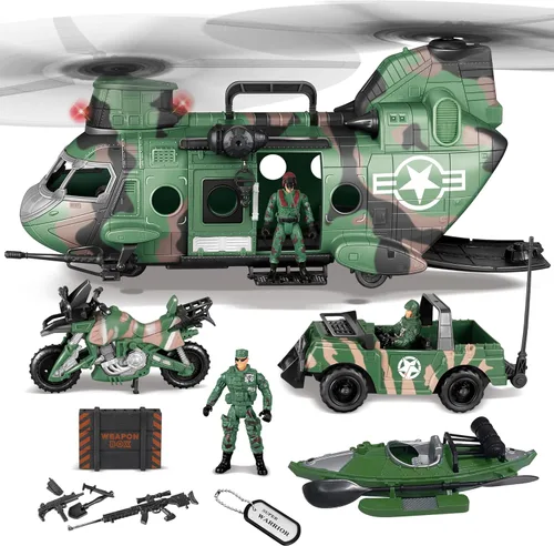 Miniatura 3 de JOYIN Juego de juguetes militares, juguetes militares para niños, incluyendo helicóptero con luz realista, sonido y mango, camiones Bruder, barco