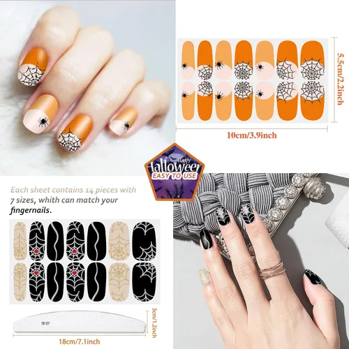 Miniatura 3 de 12 hojas de tiras de esmalte de uñas de Halloween con lima de uñas, telaraña, telarañas, envolturas de uñas para uñas cortas, calcomanías de uñas