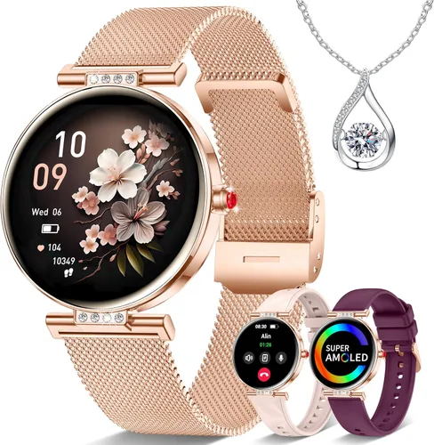 AMOLED - Reloj inteligente para mujer con pantalla pequeña de 1.19 pulgadas para teléfonos iPhone / Android con llamada Bluetooth, frecuencia 1-Oro