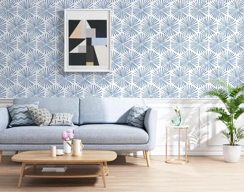 Miniatura 4 de Guvana Papel Tapiz Despegar y Pegar de 17.3''×118'' Papel Tapiz Azul y Blanco Geométrico Moderno Papel de Contacto para Baño Dormitorio Rayado Papel