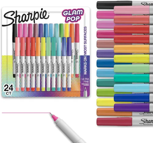 Sharpie Glam Pop - Marcadores permanentes, juego de puntas ultrafinas, para colorear y dibujar, tinta resistente, colores surtidos, 24 unidades