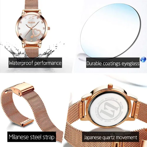 Miniatura 6 de OLEVS Relojes para mujer correa de malla de oro rosa vestido de moda cuarzo japonés impermeable luminoso para mujer conjunto de pulseras