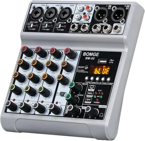BOMGE Mezclador de audio, consola de mezcla de tablero de sonido con 5 canales digitales USB Bluetooth, efecto de eco y retardo, alimentación