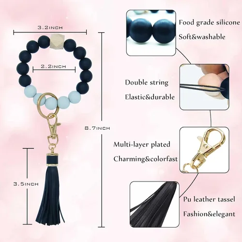 Miniatura 2 de BAOSIWA Pulsera de cuentas de silicona con llavero de pulsera para mujer con borla de cuero