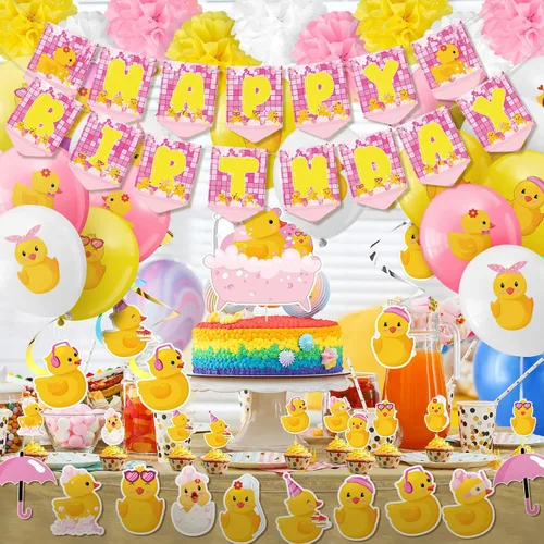 Miniatura 6 de Outus 77 piezas de decoración de fiesta de patito rosa, lindo accesorio de fiesta de cumpleaños de pato, incluye una bonita pancarta colgante