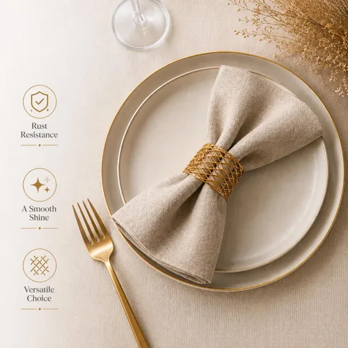 Miniatura 5 de ALPHA Living HOME Juego de 12 servilleteros dorados de alta calidad, 100% metal, decoración de mesa resistente al óxido, servilleteros con hebillas