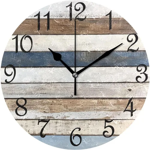 Miniatura 19 de Reloj de pared rústico retro con puerta de granero de madera, marrón, azul, funciona con pilas, silencioso, sin tictac, 10 pulgadas, reloj de mesa