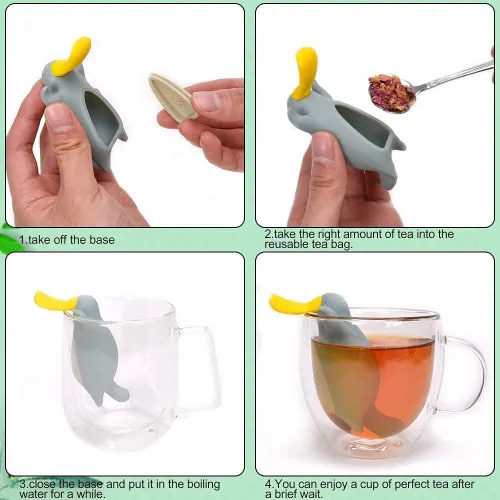 Miniatura 4 de Besego - 2 infusores de té de silicona, con cucharita de acero inoxidable, bonito filtro de té para los amantes del té, Amarillo