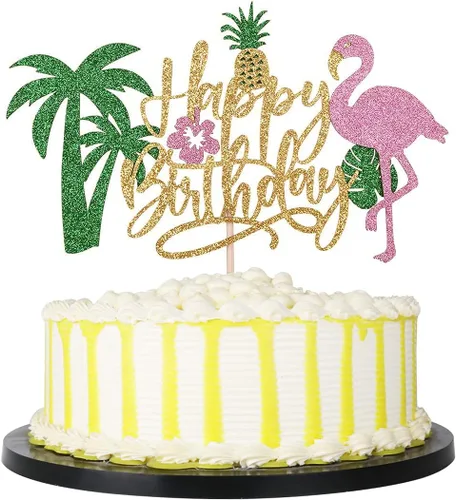 PALASASA Decoración para tartas de cumpleaños con flamenco con purpurina, temática hawaiana de piña tropical Luau para niños y niñas, suministros de