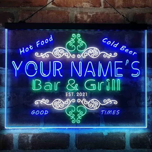 Miniatura 20 de Letrero de luz de neón LED tricolor personalizado para bar y parrilla, nombre personalizado, fecha, texto, cita, fuente blanco, azul y rojo, 17.7 x