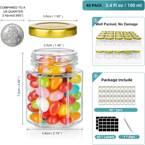 Miniatura 5 de Paquete de 40 tarros pequeños de vidrio para miel con tapas para recuerdos de boda, baby showers, tarros de vidrio herméticos de 3 onzas con tapas