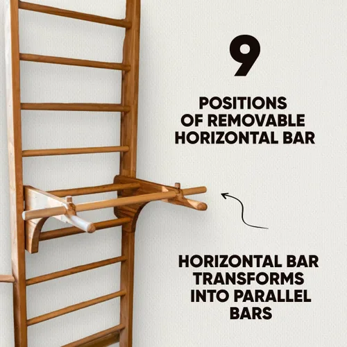 Miniatura 6 de Barras de Pared Suecas en Escalera para Niños y Adultos, hechas de Madera de Haya Sólida, Resisten Cargas hasta 400 kg, con Barra de Dominada