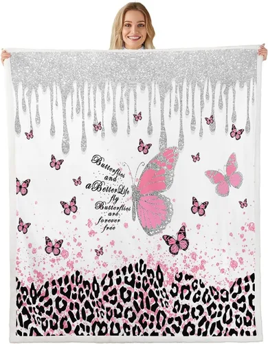 Miniatura 9 de Manfei Manta de mariposa azul con purpurina plateada para sofá, manta de cama con estampado de leopardo azul para niños y niñas, decoración