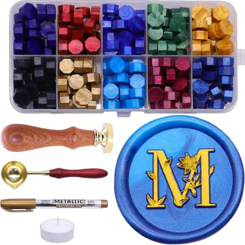 SWANGSA Kit de sello de cera con letra inicial del alfabeto M, elegante sello de sellado de letras florales botánicas con 200 cuentas de cera de
