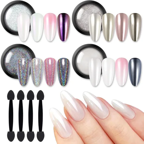 BORN PRETTY Polvo de uñas cromado, polvo cromado holográfico de espejo metálico de perla blanca para uñas, kit de polvo de pigmento con purpurina