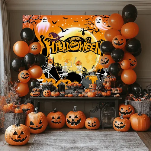 Miniatura 5 de Mocsick - Telón de fondo de Halloween para fotografía, noche naranja, luna, decoración de fiesta de Halloween, truco o trato, calavera, calabaza