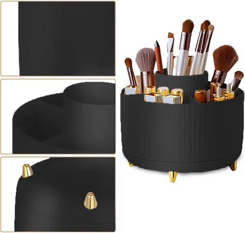 Miniatura 7 de WILL OAK Organizador de brochas de maquillaje, organizador de brochas de maquillaje giratorio de 360°, 5 ranuras para cosméticos, esmalte de uñas