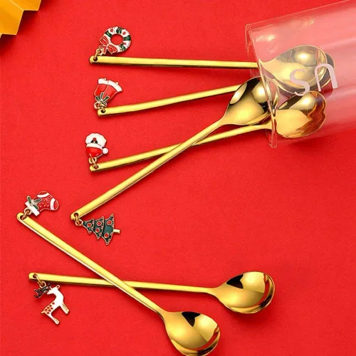 Miniatura 4 de JapanAmStore - 6 cucharas de café de acero inoxidable con colgante de Navidad, cuchara de sopa, cuchara de té, cuchara de postre para decoración
