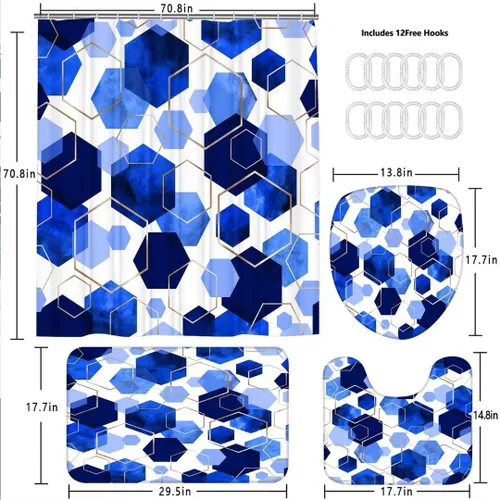 Miniatura 4 de LQCOOL Juego de cortinas de baño azules, 4 piezas de cortina de ducha geométrica de arte moderno con 12 ganchos, impermeable, opaca, 70.8 pies
