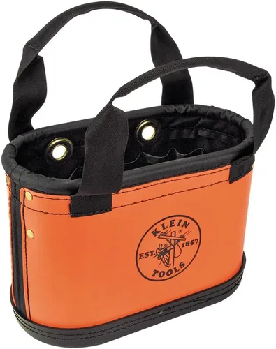 Klein Tools 5144HBS Cubo de cuerpo duro, organizador ovalado para herramientas con funda para cuchillos y 14 otros bolsillos, naranja/negro