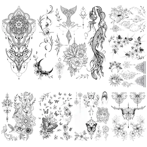Miniatura 6 de glaryyears Más de 100 tatuajes falsos temporales negros para mujeres, hombres y adultos, diseño de serpiente mariposa, sol, luna, planetas