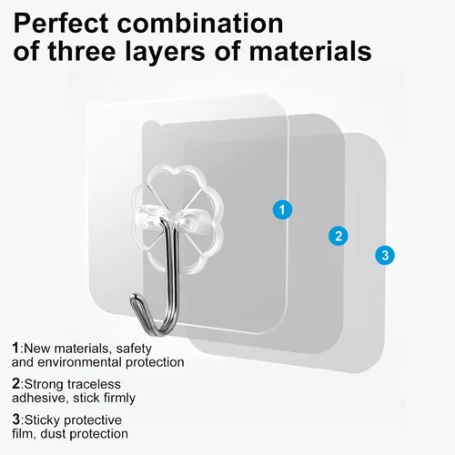 Miniatura 7 de Ganchos de pared de 33 libras (MÁX) autoadhesivos resistentes, 10 unidades, impermeables y a prueba de aceite, ganchos transparentes sin costuras