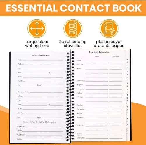 Miniatura 5 de Libreta de direcciones y teléfonos Iconikal, 8x5 pulgadas, negra, con espiral, 384 contactos, organizador para organizar nombres, direcciones