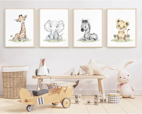 Miniatura 24 de Arte de pared para bebé niño, decoración deportiva para guardería, lienzo de animales de safari, arte de pared de bosque para habitación de bebé