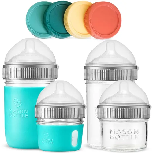 Miniatura 8 de Mason Bottle Juego de botellas de vidrio para bebé, incluye 3. Biberones de vidrio anticólicos de 8 onzas, 3 pezones de flujo lento, 3 tapas +