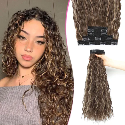 Miniatura 8 de Extensiones de cabello con clip de 20 pulgadas, 4 piezas, color sirena ondulado, rizado, grueso, invisible, trama de encaje color castaño ceniza