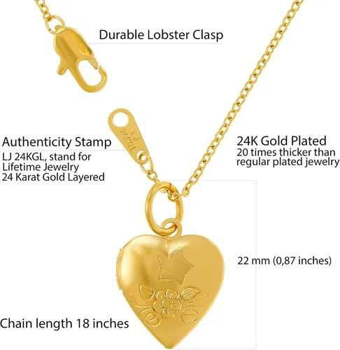 Miniatura 4 de LIFETIME JEWELRY Collar con medallón de corazón pequeño que sostiene fotos chapado en oro de 24 quilates