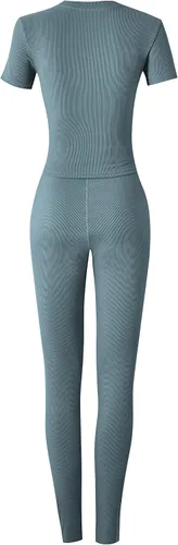 Miniatura 8 de LICOBOD Ropa de descanso acanalada casual 2 piezas conjunto de pantalones cortos para mujer sólido ajustado manga corta cuello redondo top +