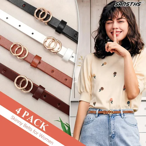 Miniatura 7 de SANSTHS Cinturones ajustados para mujer, juego de 4 cinturones finos de piel sintética con doble hebilla dorada para pantalones de mezclilla
