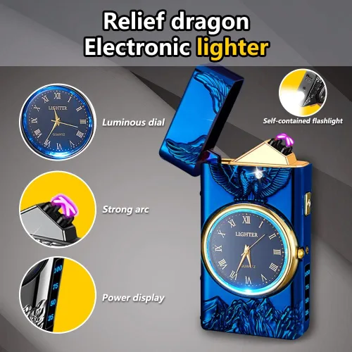 Miniatura 3 de Encendedor de Plasma de Doble Arco con Reloj Eléctrico, Recargable por USB con Pantalla de Batería, Reloj y Linterna - Regalo Único para Hombres