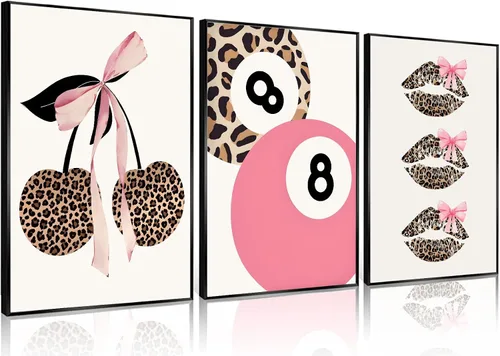 Miniatura 9 de Conjunto de 3 modernos pósteres de pared de leopardo en lona con bola de la suerte número 8, arte de pared elegante, decoraciones de pared