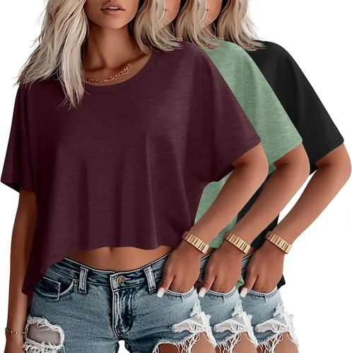 Miniatura 24 de Huukeay Paquete de 3 camisetas recortadas de gran tamaño para mujer, manga corta, holgadas, cuello redondo, holgadas, para entrenamiento