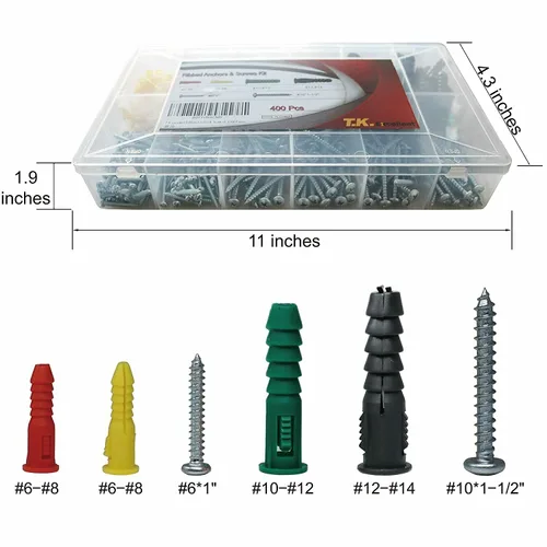 Miniatura 3 de T.K.Excellent Kit de anclajes y tornillos de plástico para paneles de yeso, juego de tornillos surtidos de anclajes acanalados, kit de anclaje