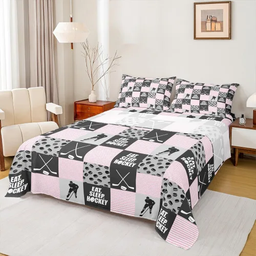 Juego de sábanas de hockey sobre hielo, sábanas de discos de jugador de hockey para adolescentes y niñas, juego de ropa de cama de hockey para comer
