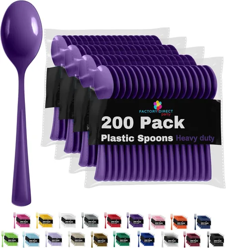 Party Solids Cucharas de plástico moradas, 200 piezas, cucharas moradas, utensilios desechables, juego de cubiertos de plástico resistente, juegos